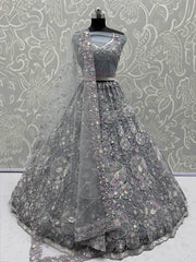 Classy Grey Floral Embroidered Net Lehenga Choli With Dupatta