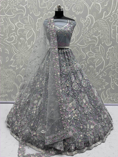 Classy Grey Floral Embroidered Net Lehenga Choli With Dupatta