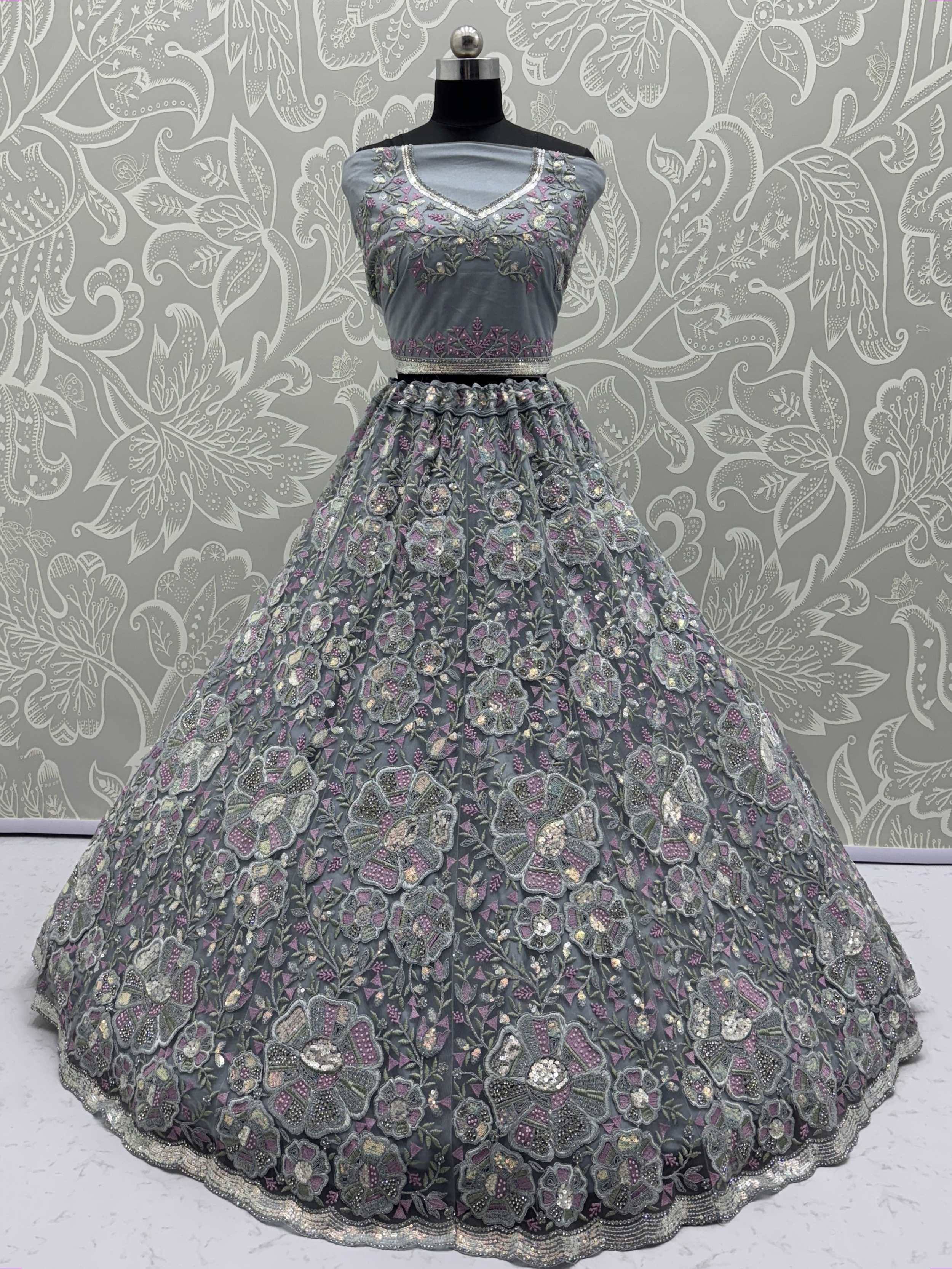 Grey floral embroidered lehenga choli with sequin work, perfect for Indian ethnic occasions