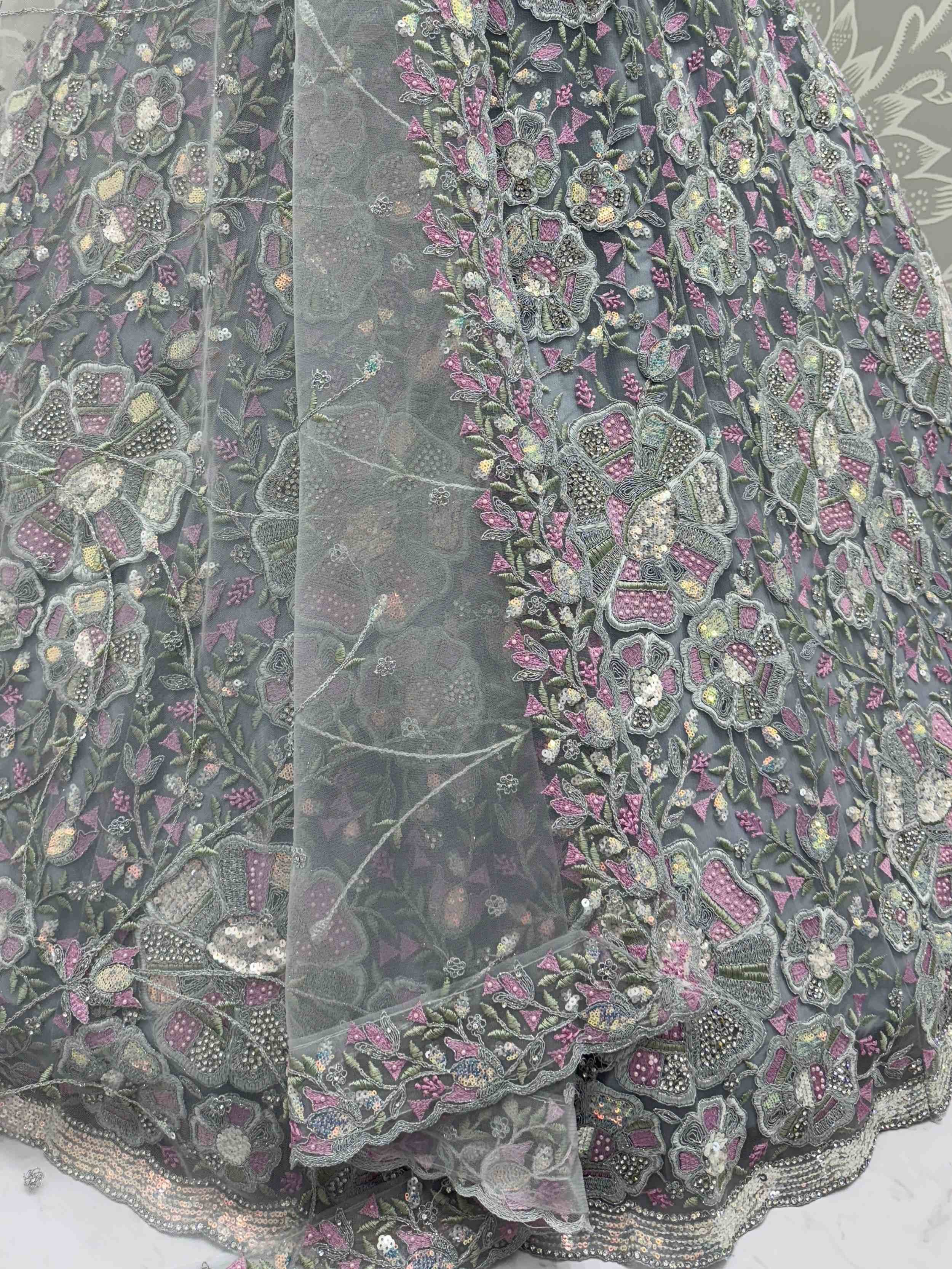 Grey floral embroidered lehenga with pink and green threadwork and sequins, Indian ethnic wear