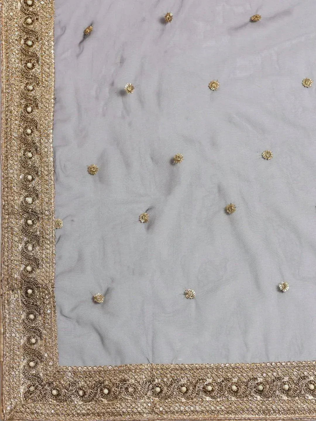 Grey Indian ethnic dupatta with gold embroidery and sequin border, perfect for lehenga or saree