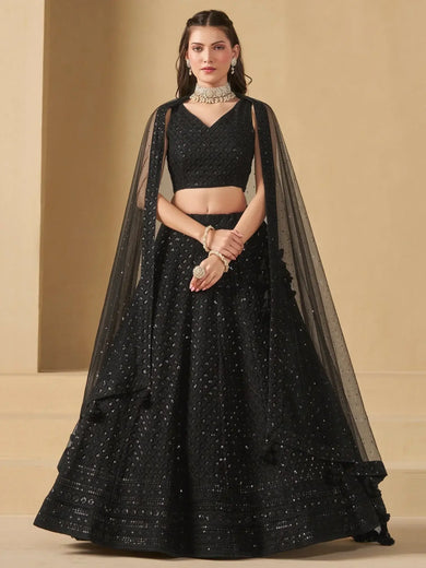 Captivating Black Thread Work Georgette Party Wear Lehenga Choli - Ethnic Plus In