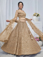 Captivating Brown Embroidered Net Lehenga Choli With Dupatta - Ethnic Plus In