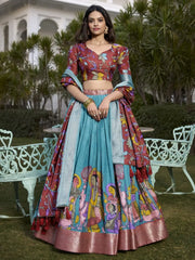 Captivating Firozi Blue Kalamkari Printed Dola Silk Lehenga Choli - Ethnic Plus In