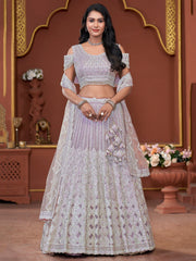 Captivating Lavender Jarkan Work Net Bridesmaid Lehenga Choli - Ethnic Plus In
