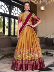 Captivating Mustard Yellow Silk Ikat Print Festive Wear Lehenga Choli - Ethnic Plus In