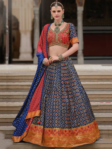 Captivating Navy Blue Zari Weaving Silk Wedding Wear Lehenga Choli - Ethnic Plus In