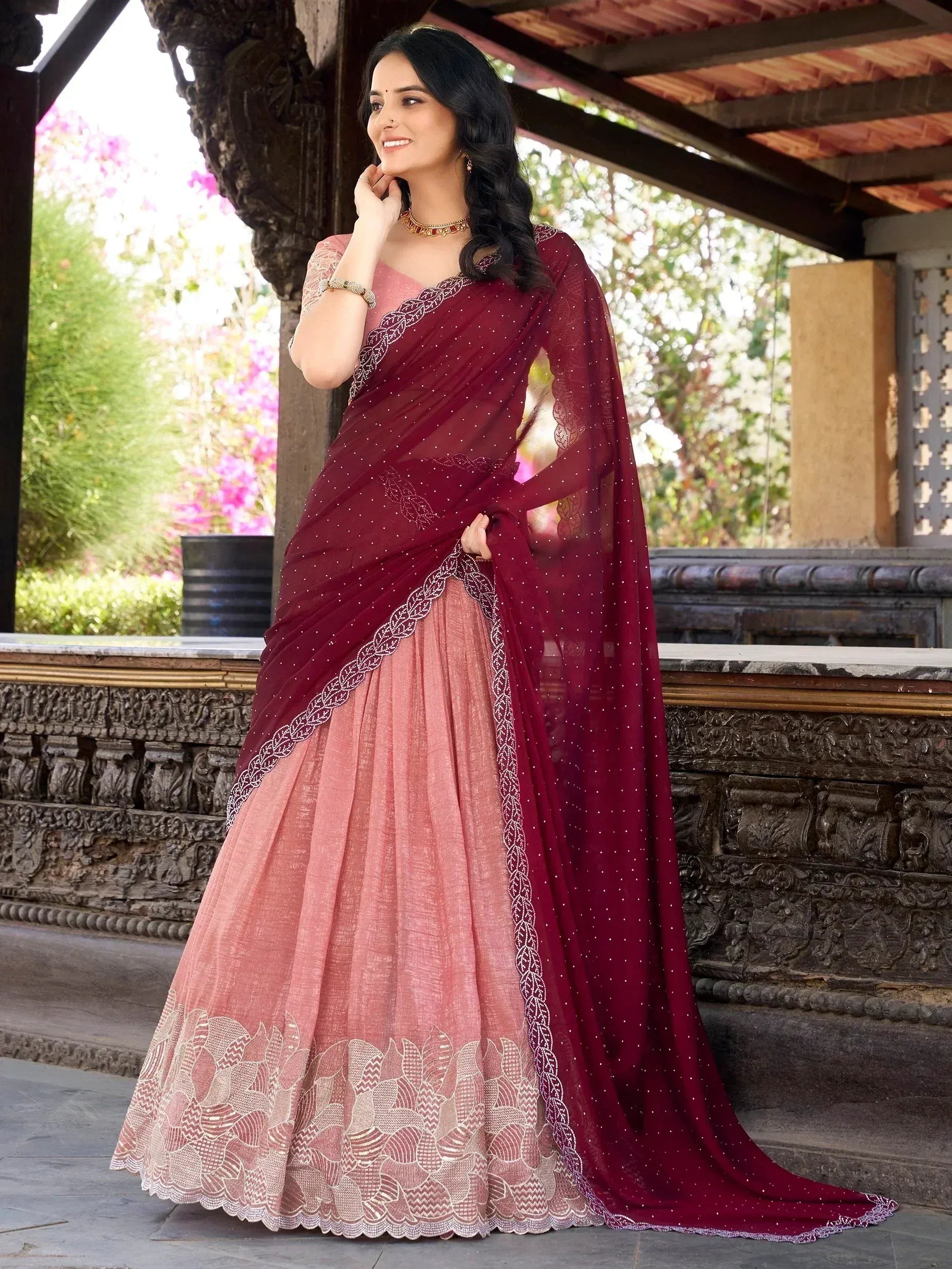 Elegant maroon and pink lehenga choli with embroidered dupatta, perfect for Indian ethnic occasions
