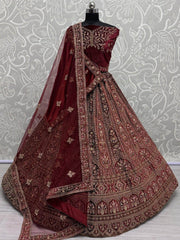 Captivating Red Embroidered Velvet Bridal Lehenga Choli With Double Dupatta - Ethnic Plus In