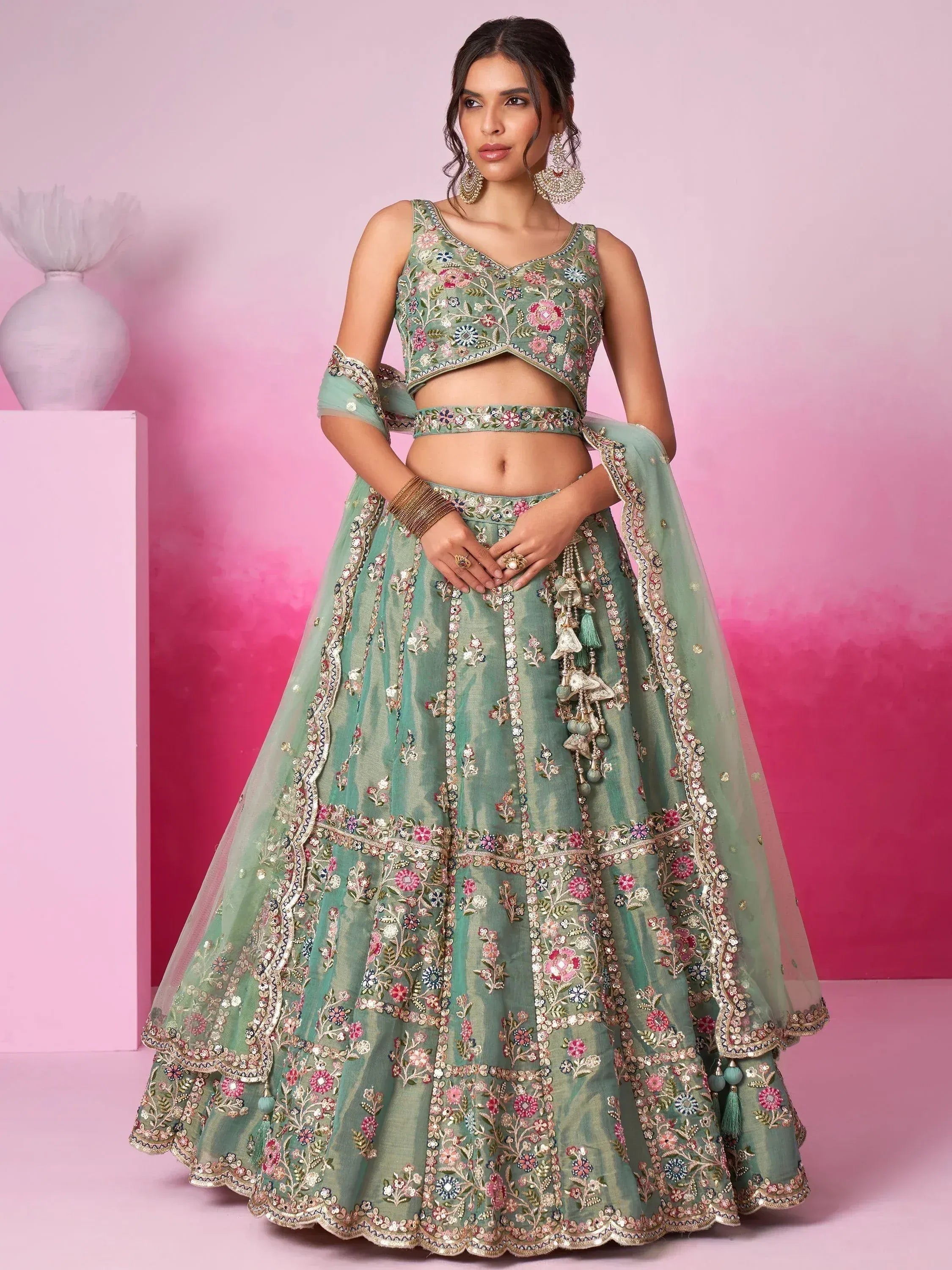 Mint green floral embroidered lehenga choli with dupatta, Indian ethnic wear for weddings and festivals