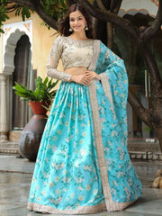 Captivating Sky Blue Floral Print Organza Function Wear Lehenga Choli - Ethnic Plus In