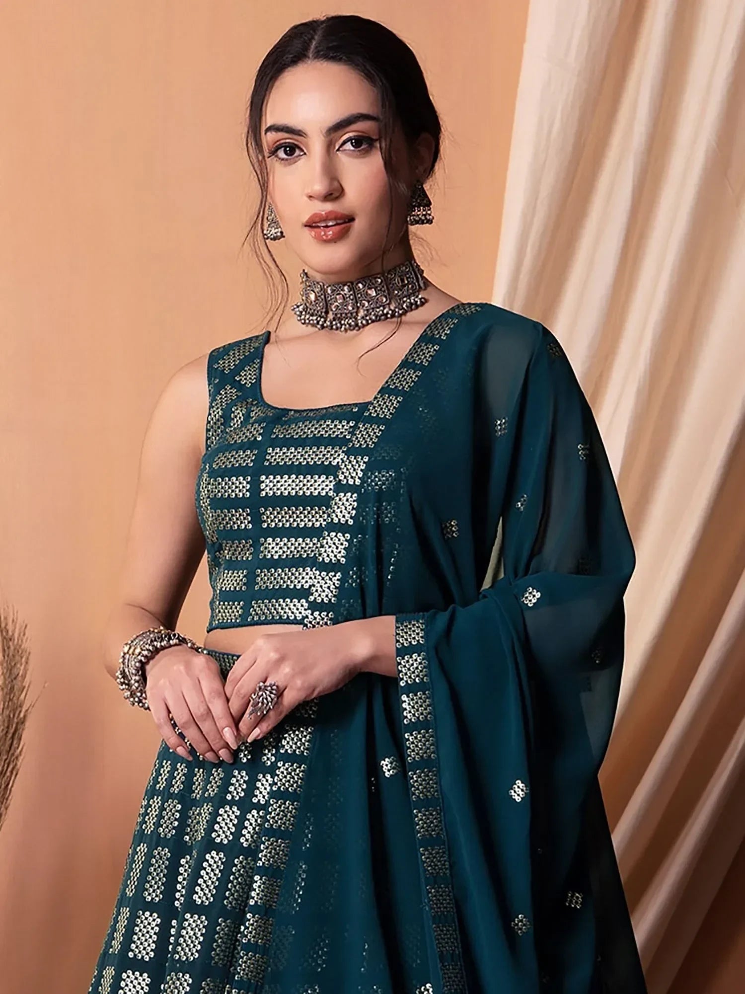 Teal sequin lehenga choli with sheer dupatta, ethnic Indian wear for women