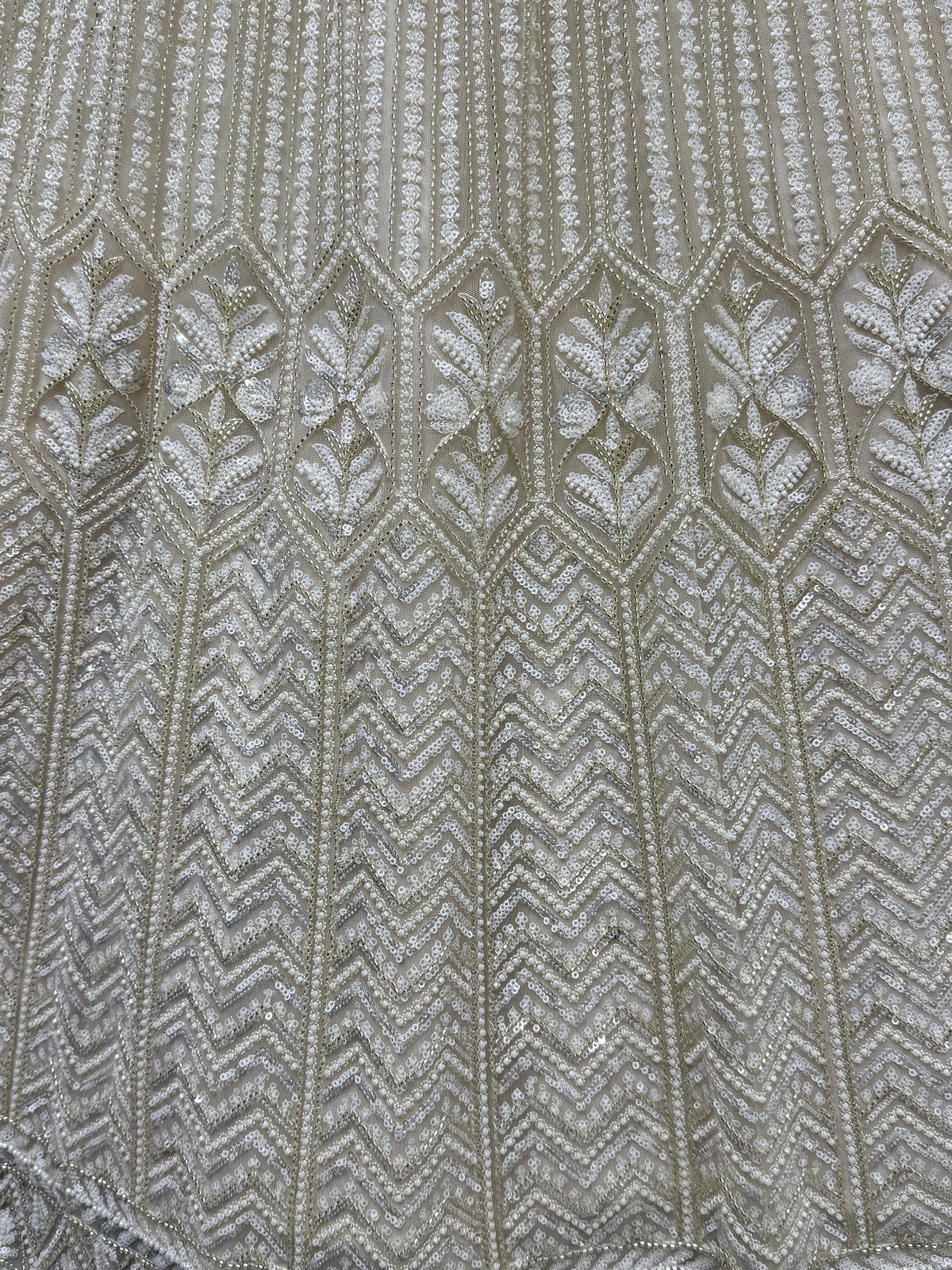 Elegant silver sequin and bead embroidery on sheer fabric for designer ethnic wear