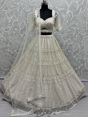 Captivating White Sequins Net Monochrome Engagement Wear Lehenga Choli - Ethnic Plus In