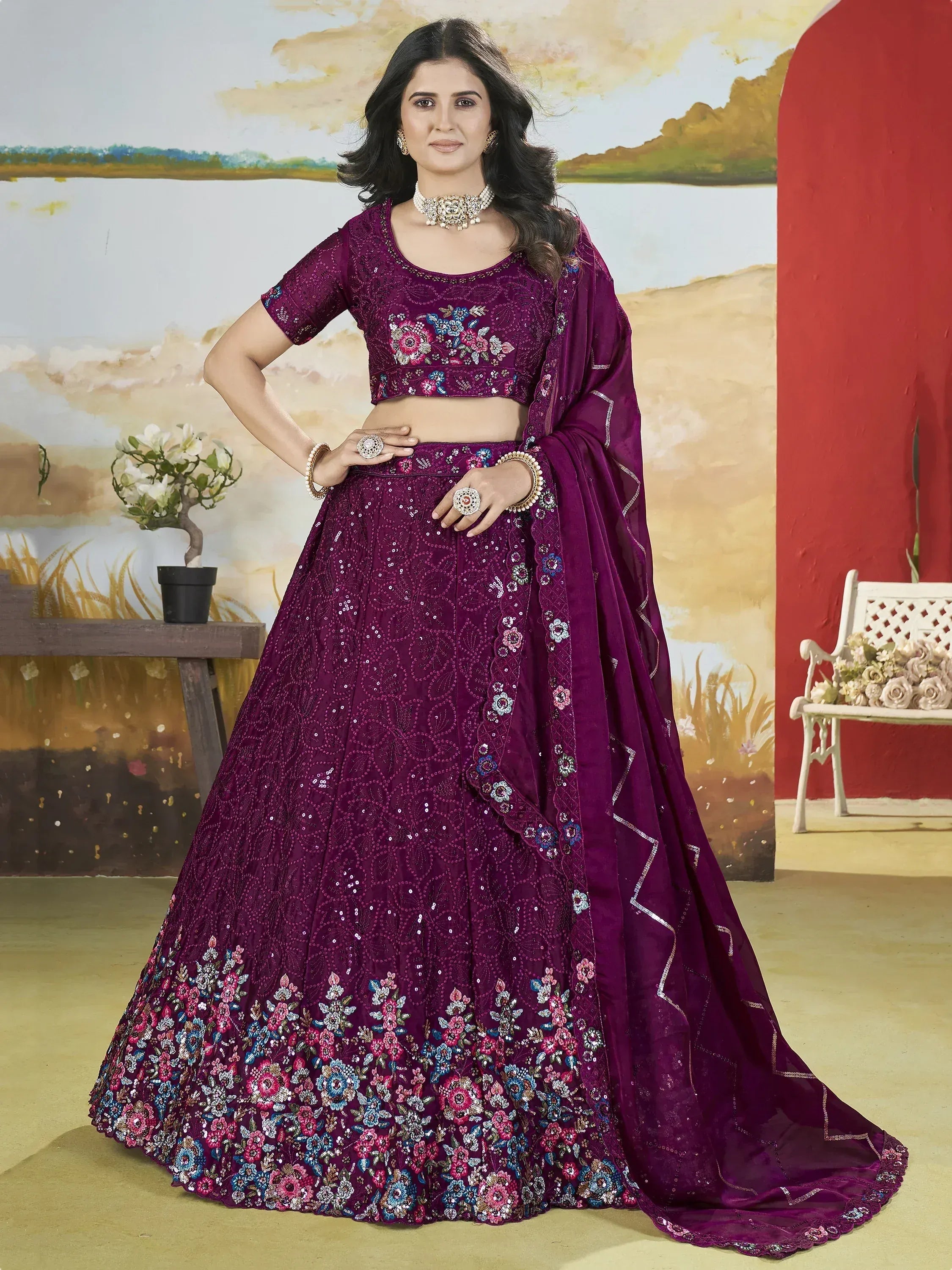Purple floral embroidered lehenga choli with sequins, perfect for Indian weddings and festive occasions