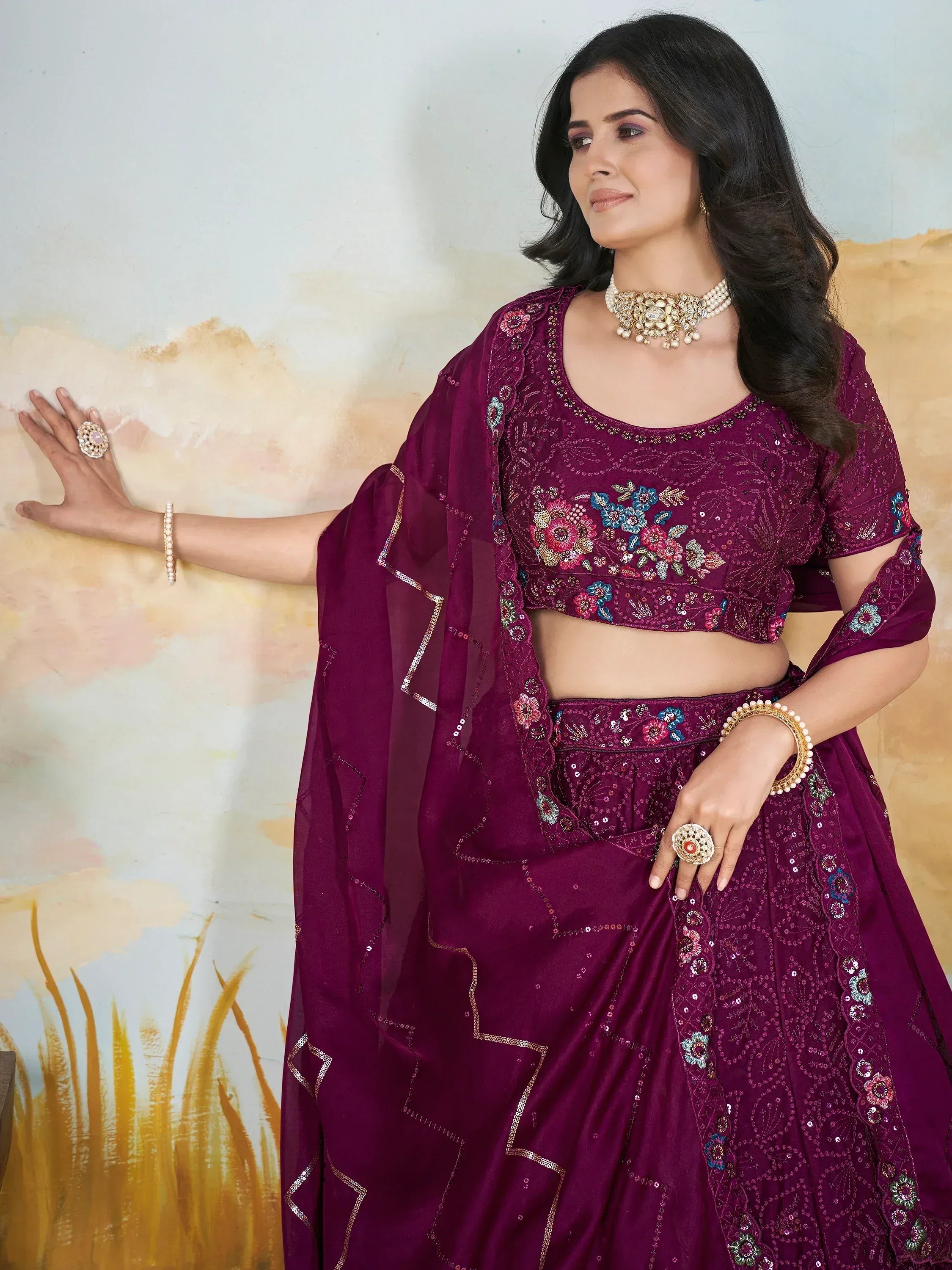 Purple embroidered lehenga choli with floral sequin work, perfect for Indian ethnic wear occasions
