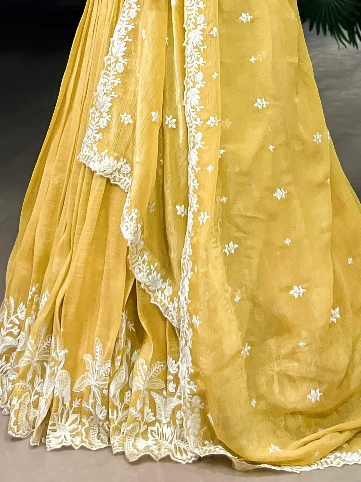 Yellow lehenga choli with white floral embroidery and lace detailing, Indian ethnic wear