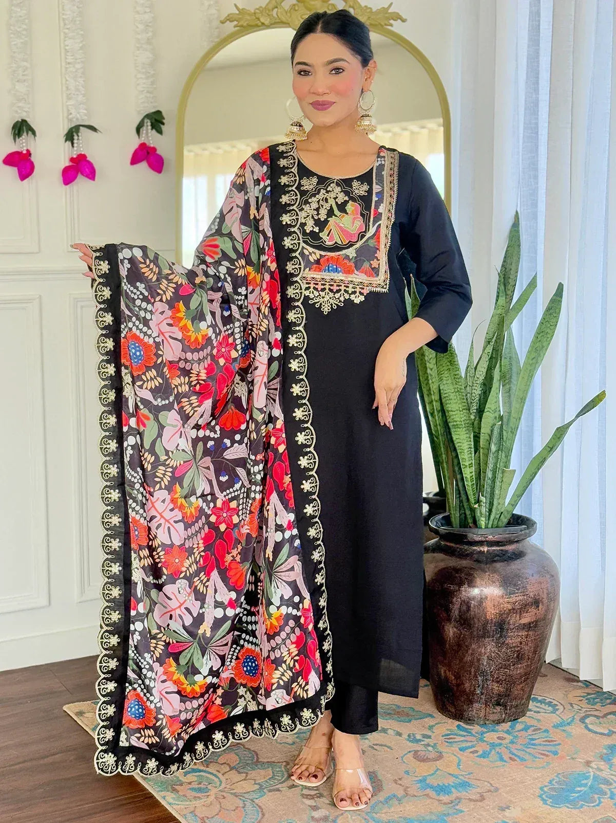 Black embroidered kurta with floral dupatta, Indian ethnic wear