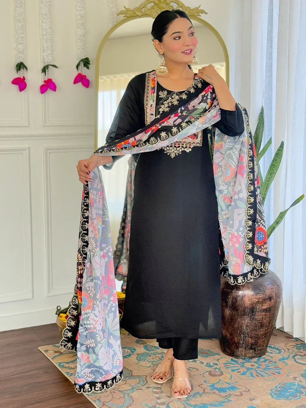 Black embroidered kurta with floral dupatta, Indian ethnic wear for women