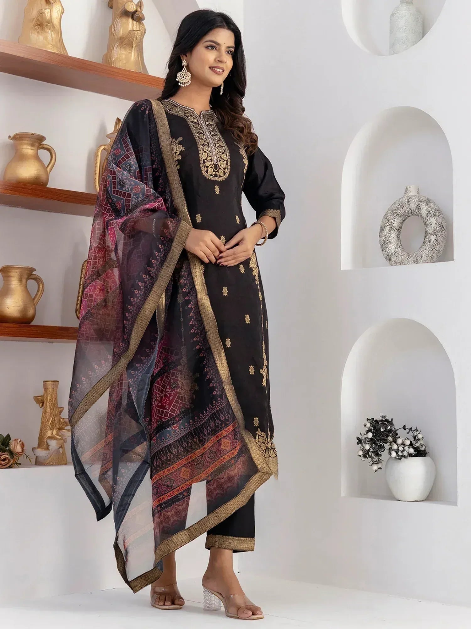 Black embroidered salwar kameez with printed dupatta, ethnic Indian wear for women
