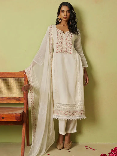 Captivating Off-White Thread Work Organza Traditional Pant Suit