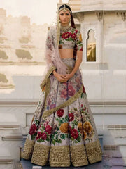 Sabyasachi Gray Floral Digital Printed Art Silk Bridal Lehenga Choli