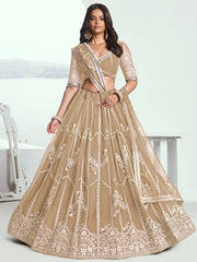 Charming Beige Thread Work Net Designer Lehenga Choli With Dupatta - Ethnic Plus In