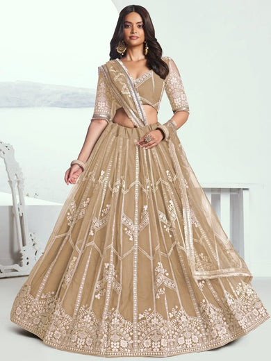 Charming Beige Thread Work Net Designer Lehenga Choli With Dupatta - Ethnic Plus In