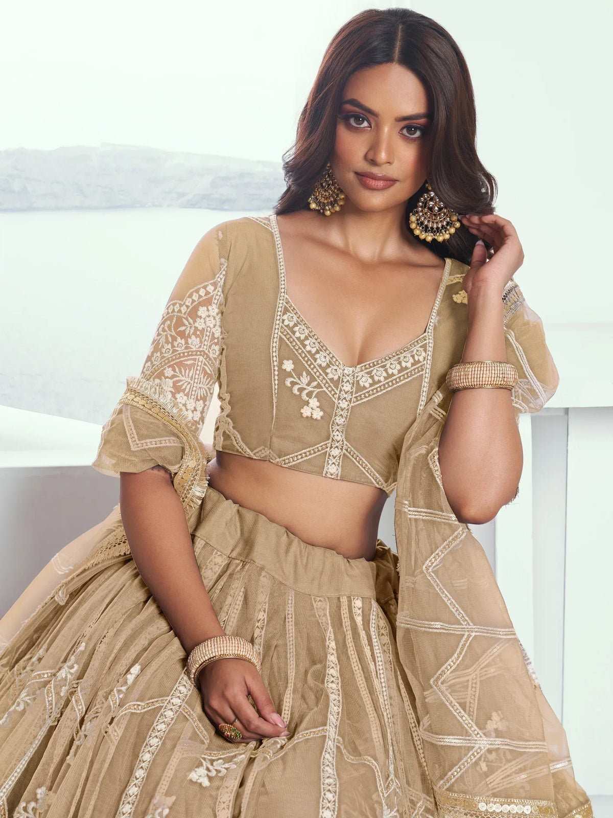 Beige embroidered lehenga choli with sheer sleeves, perfect for Indian ethnic wear occasions