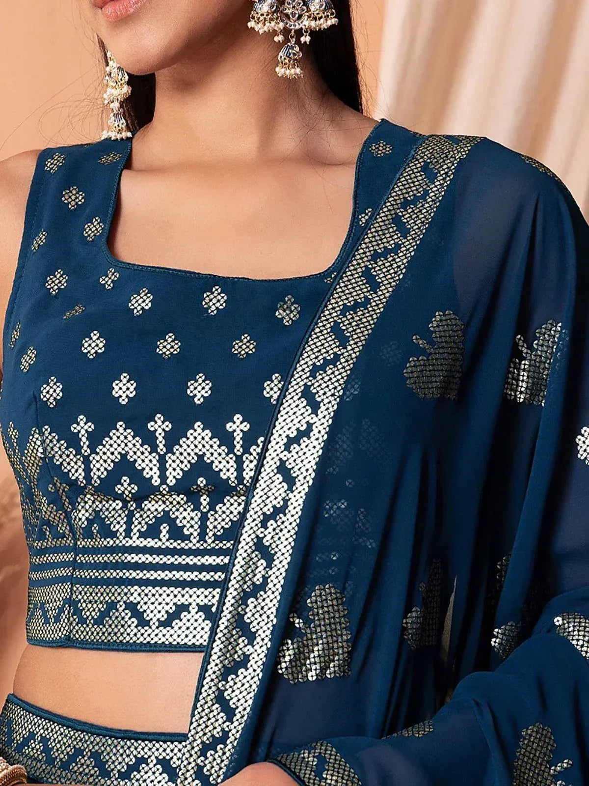 Blue embroidered lehenga choli with sequin work and matching dupatta, Indian ethnic wear