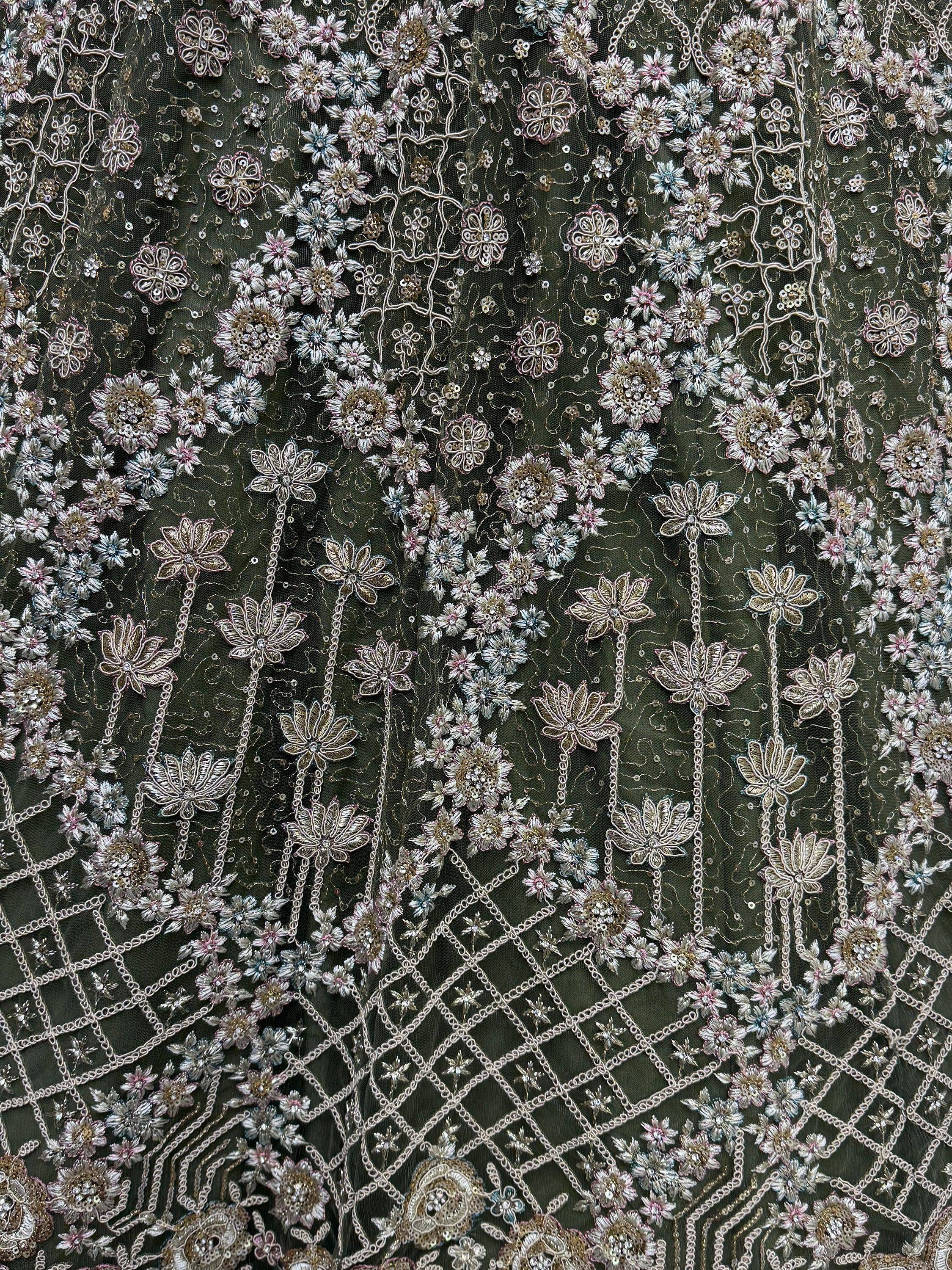 Luxury floral embroidered fabric with sequins and chain detailing for ethnic wear