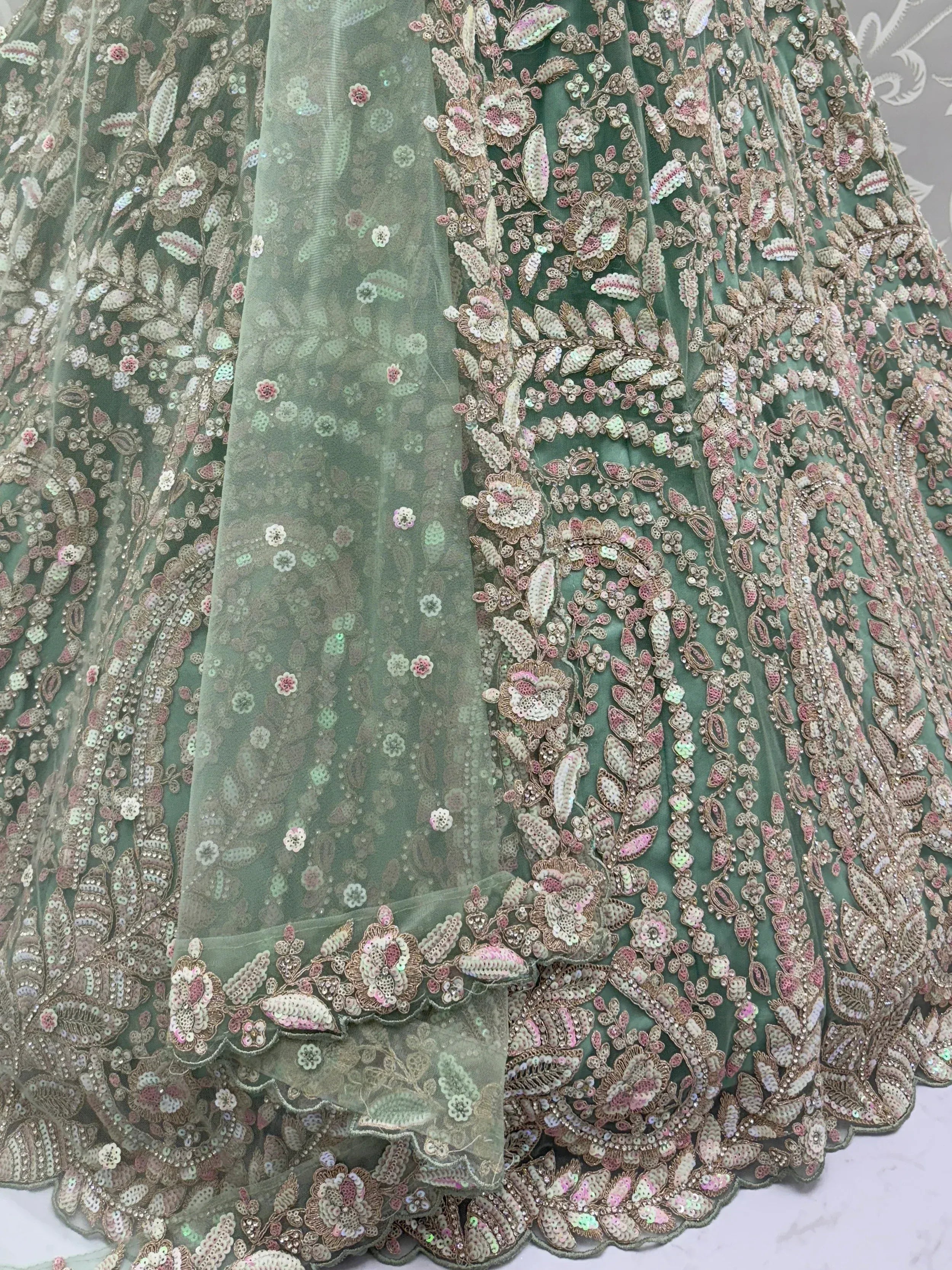 Green designer lehenga with floral sequin embroidery and sheer dupatta, Indian ethnic wear