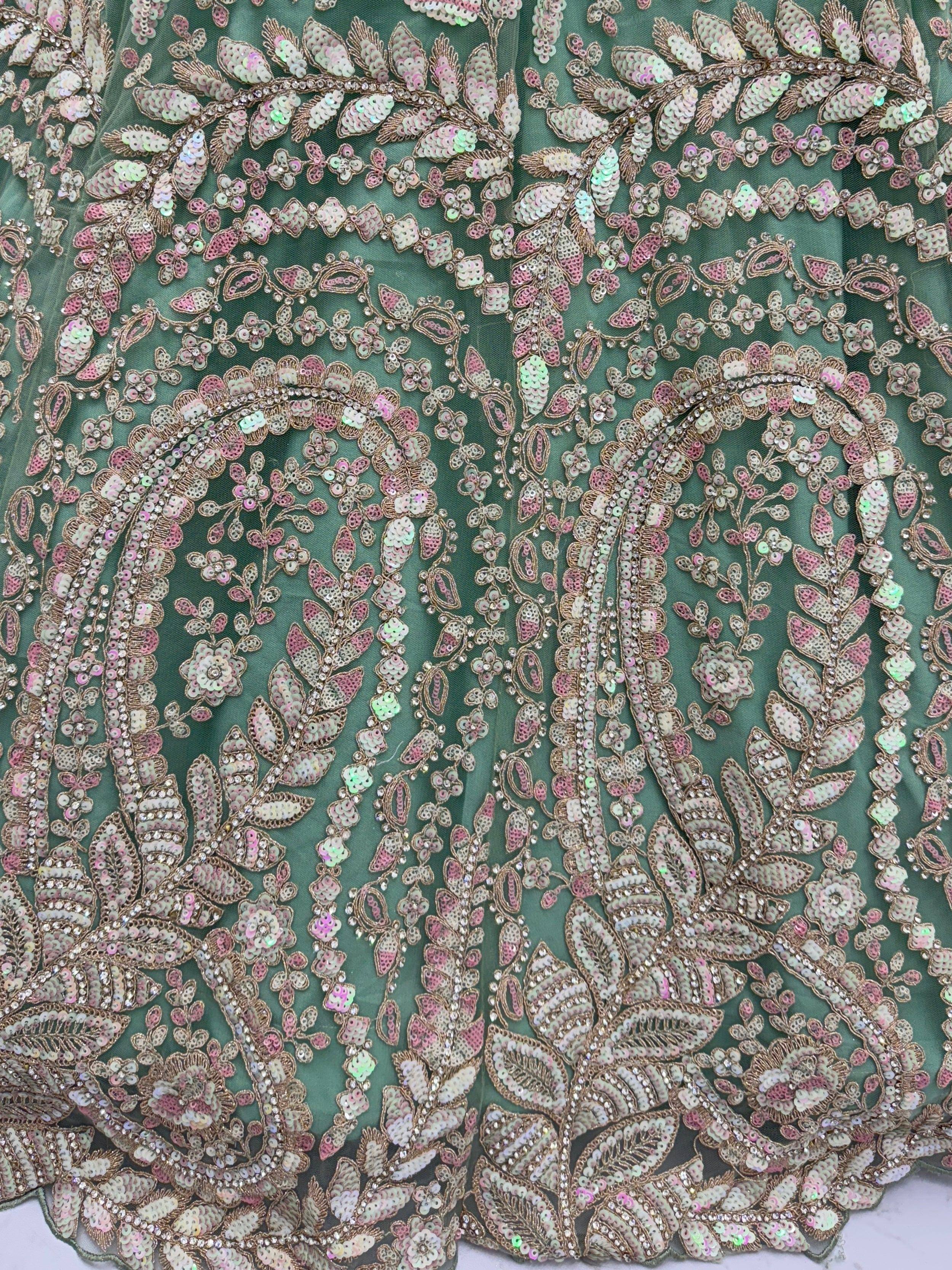 Green ethnic wear with pink and gold sequin floral embroidery, perfect for designer lehenga or saree