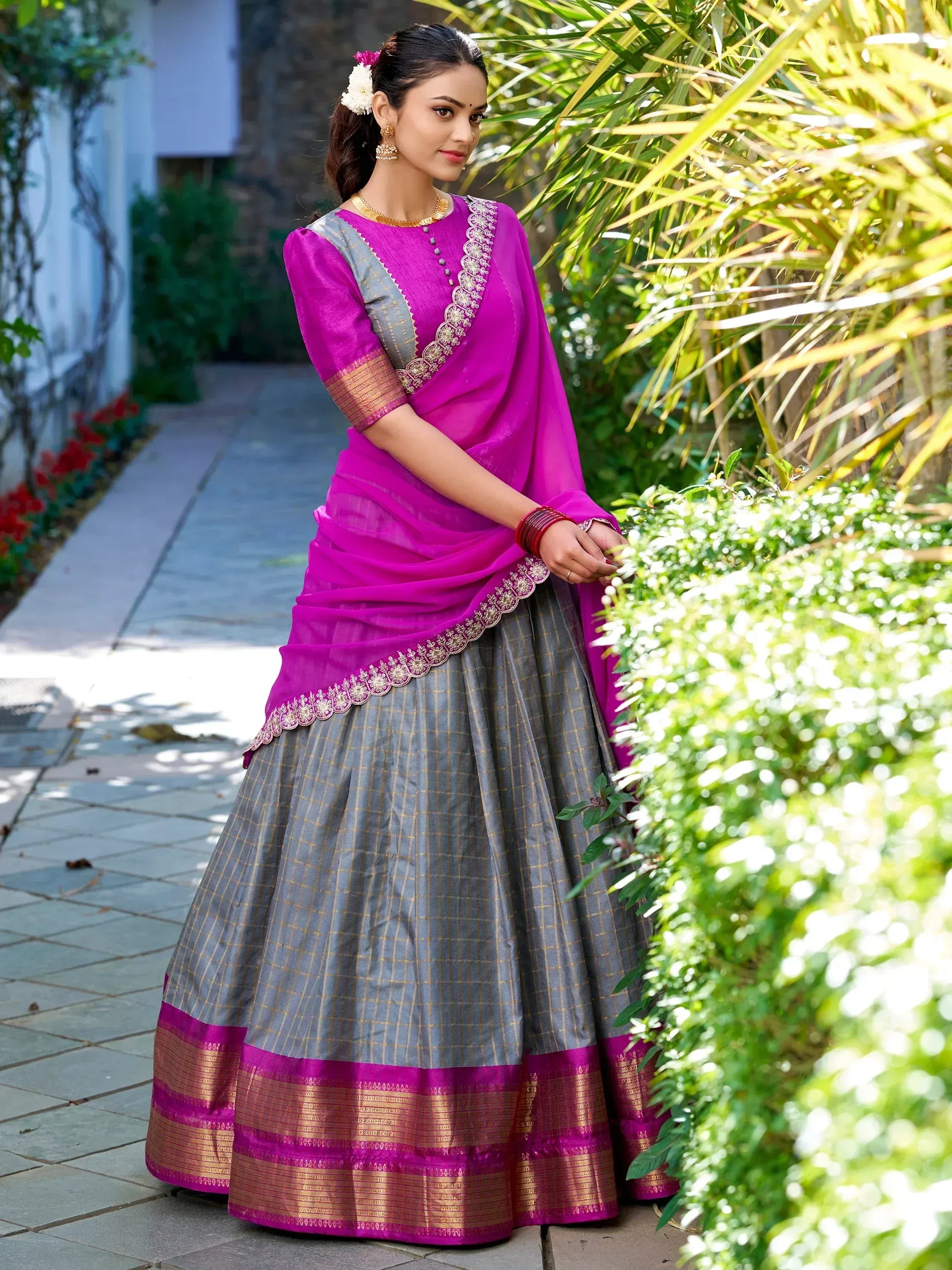 Purple and grey designer lehenga choli with gold embroidery, perfect for Indian ethnic wear occasions
