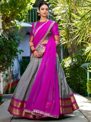 Charming Grey Zari Weaving Silk Onam Special Half Saree Lehenga - Ethnic Plus In