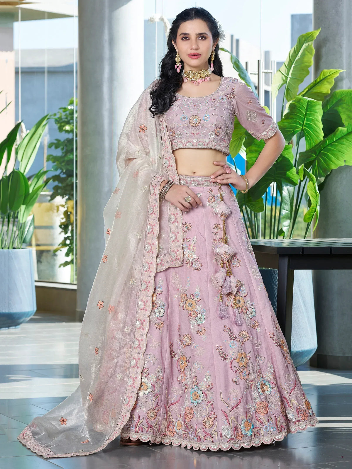 Pink floral embroidered lehenga choli with dupatta, Indian ethnic wear for weddings and festivals