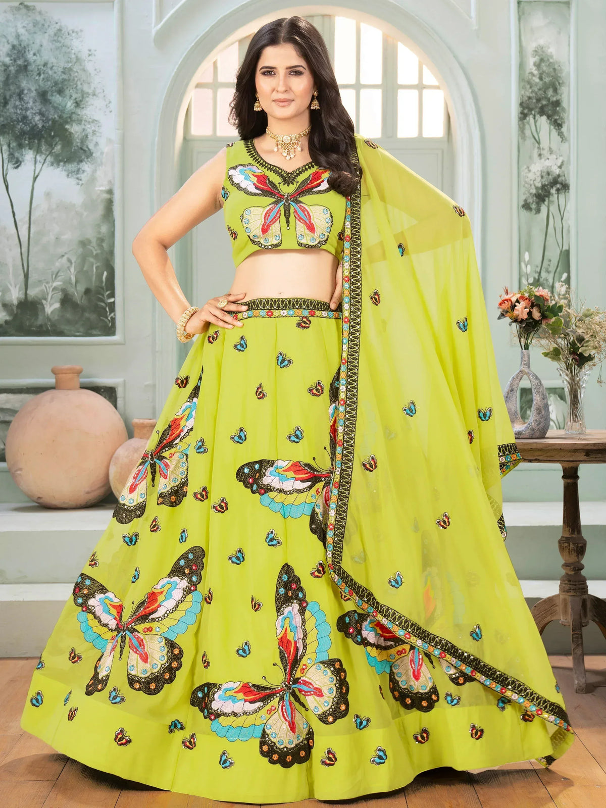 Lime green lehenga choli with butterfly embroidery, ethnic Indian wear for women