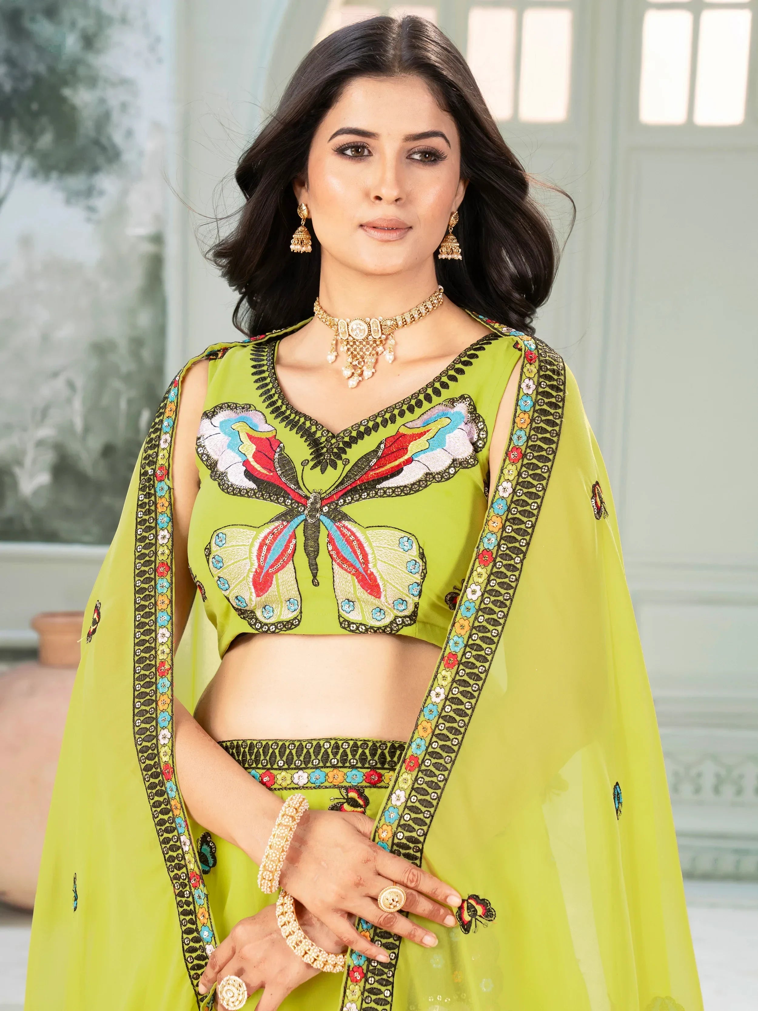Charming Lime Green Georgette Embroidered Lehenga Choli - Ethnic Plus In