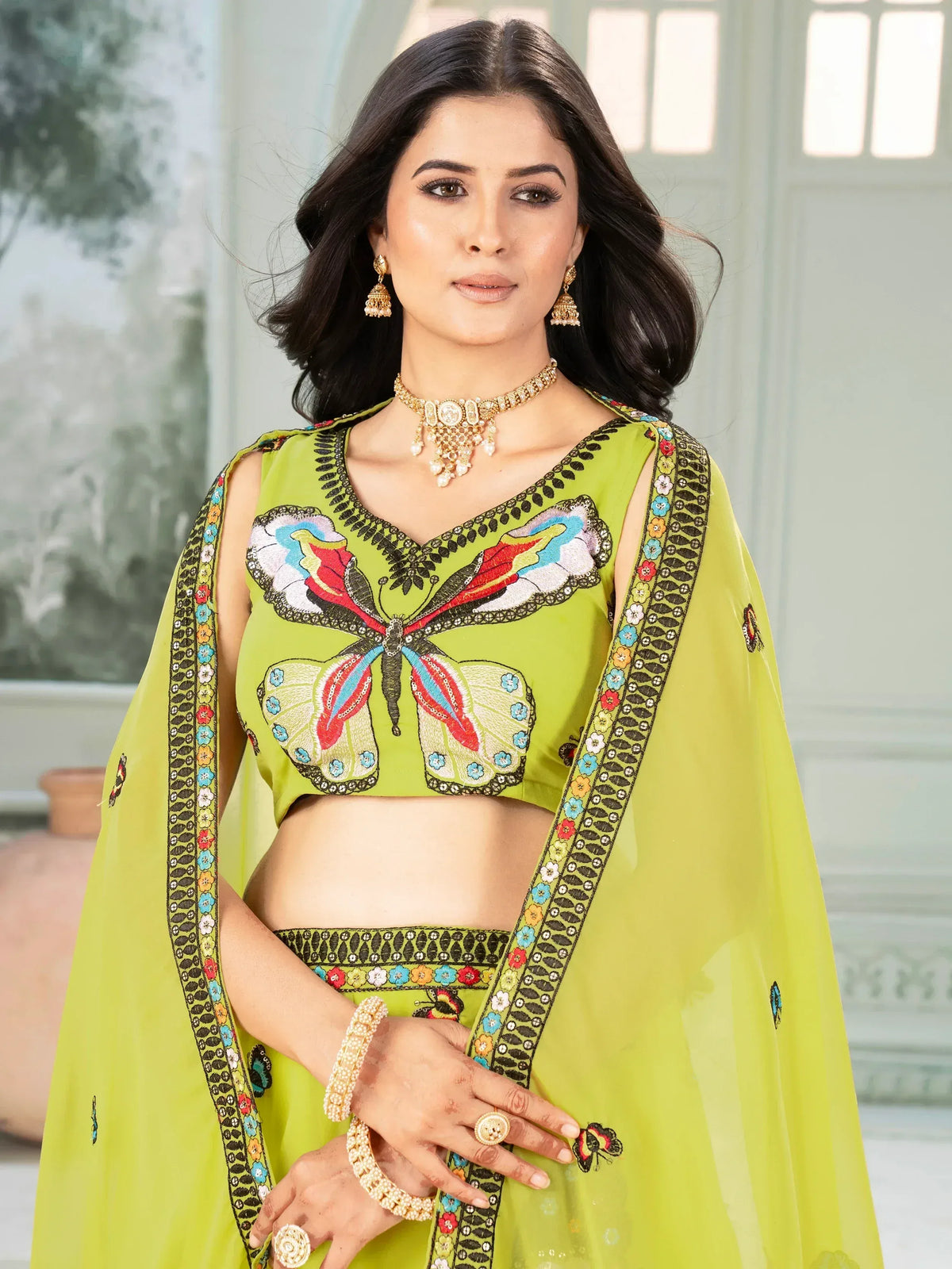 Lime green embroidered butterfly print salwar kameez with floral dupatta, perfect for Indian ethnic wear