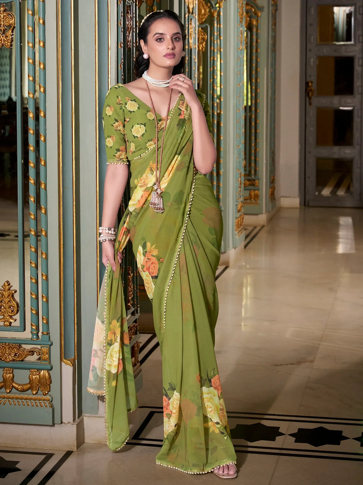 Green floral saree with pearl border, Indian ethnic wear for women, stylish designer saree