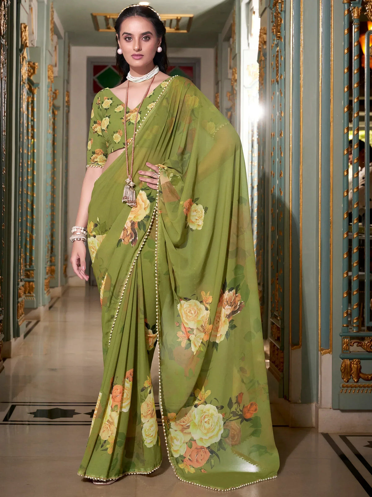 Green floral print saree with pearl border, Indian ethnic wear for women