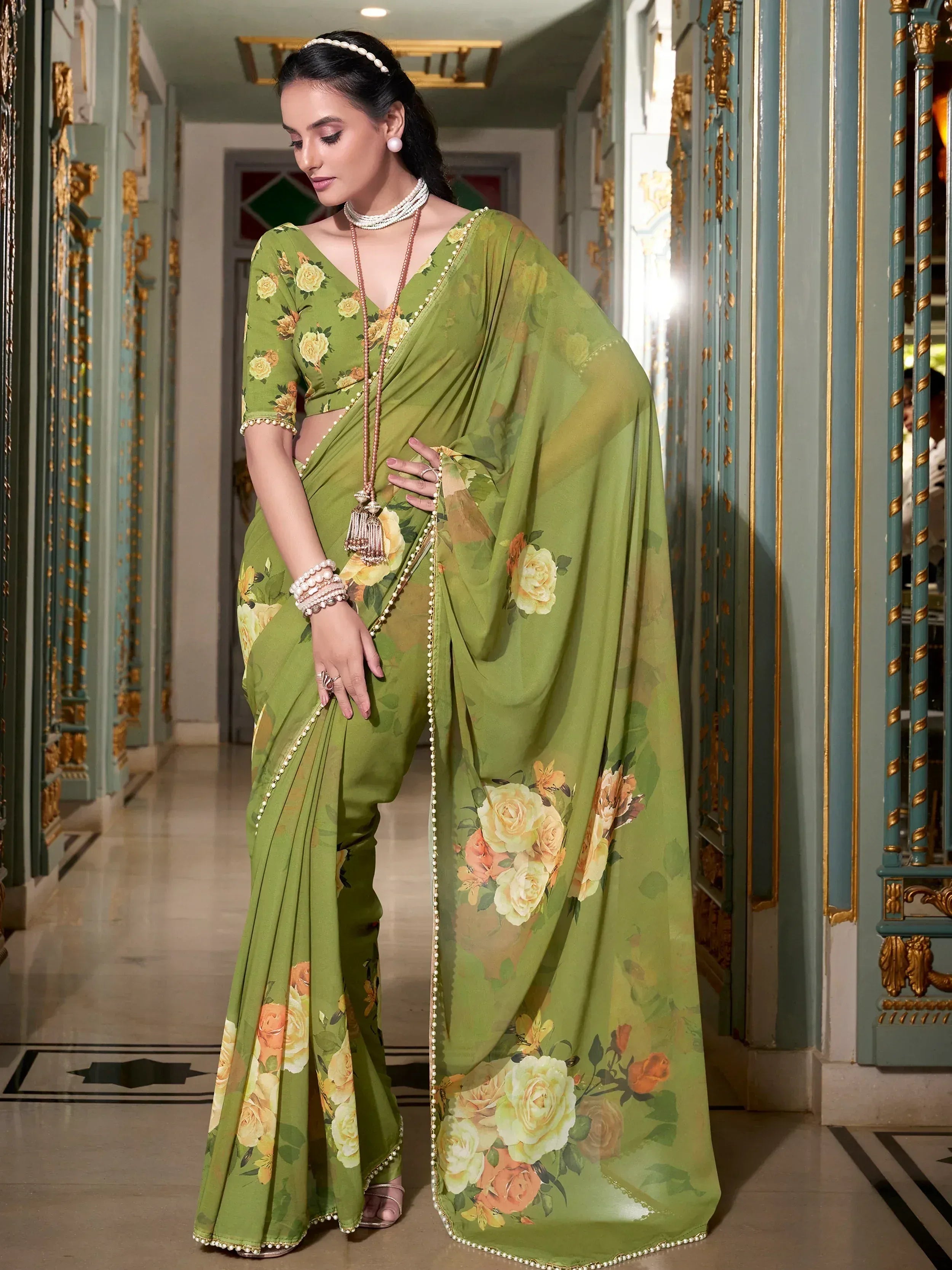 Green floral saree with pearl border, ethnic wear for women, designer Indian saree