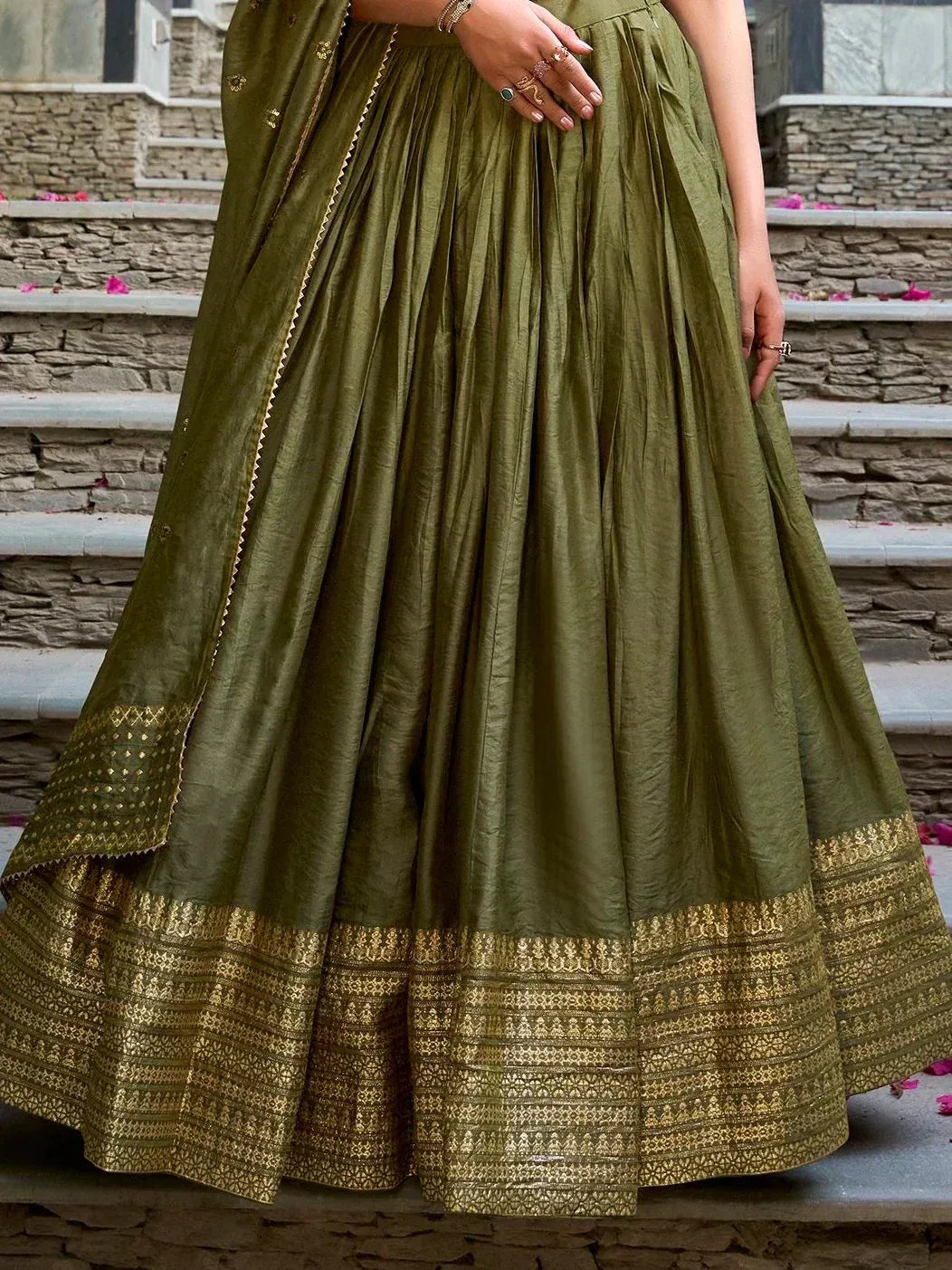 Olive green ethnic lehenga with gold embroidery, perfect for Indian weddings and festive occasions