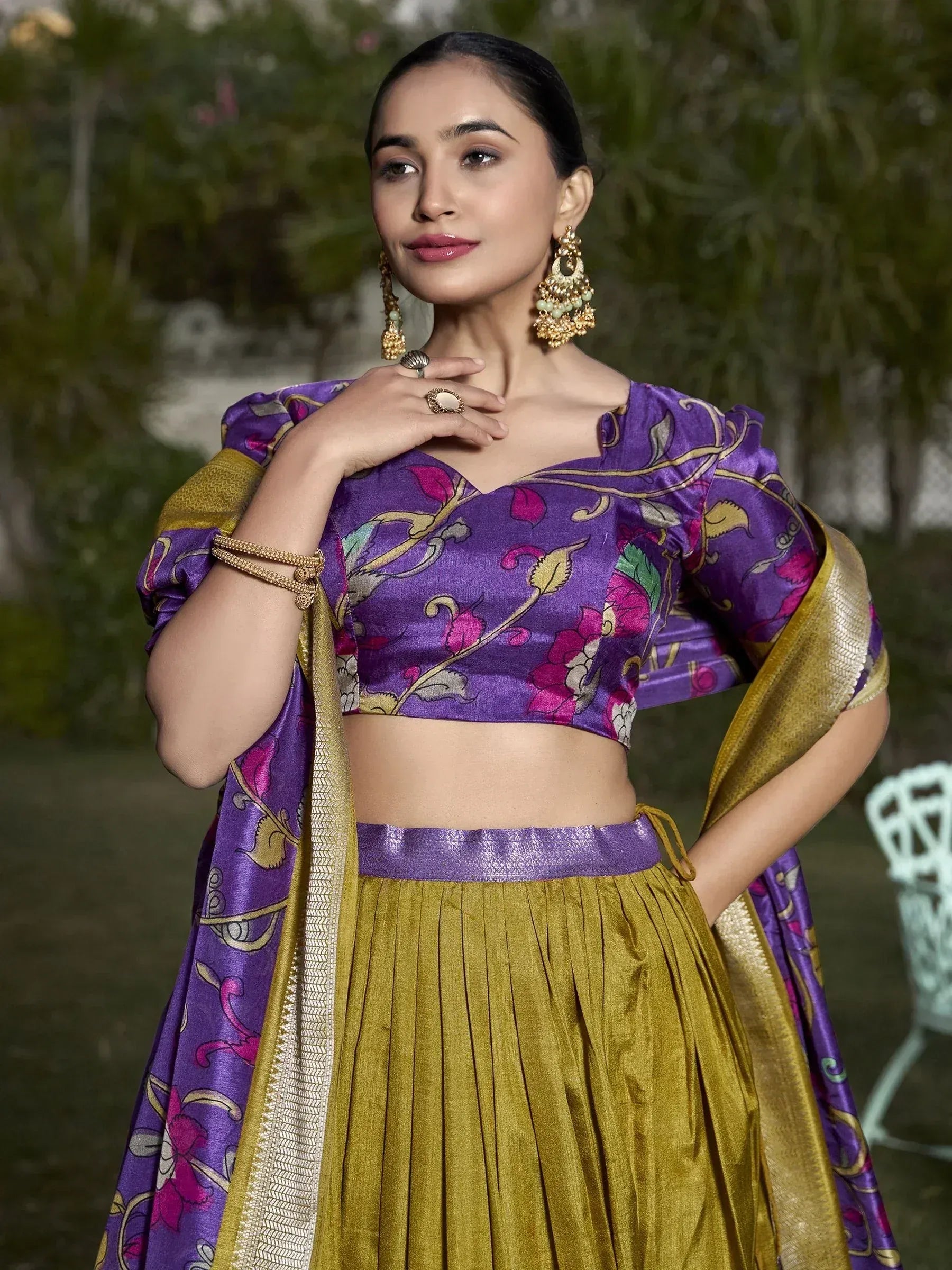 Purple floral blouse with gold pleated skirt, Indian ethnic wear for women