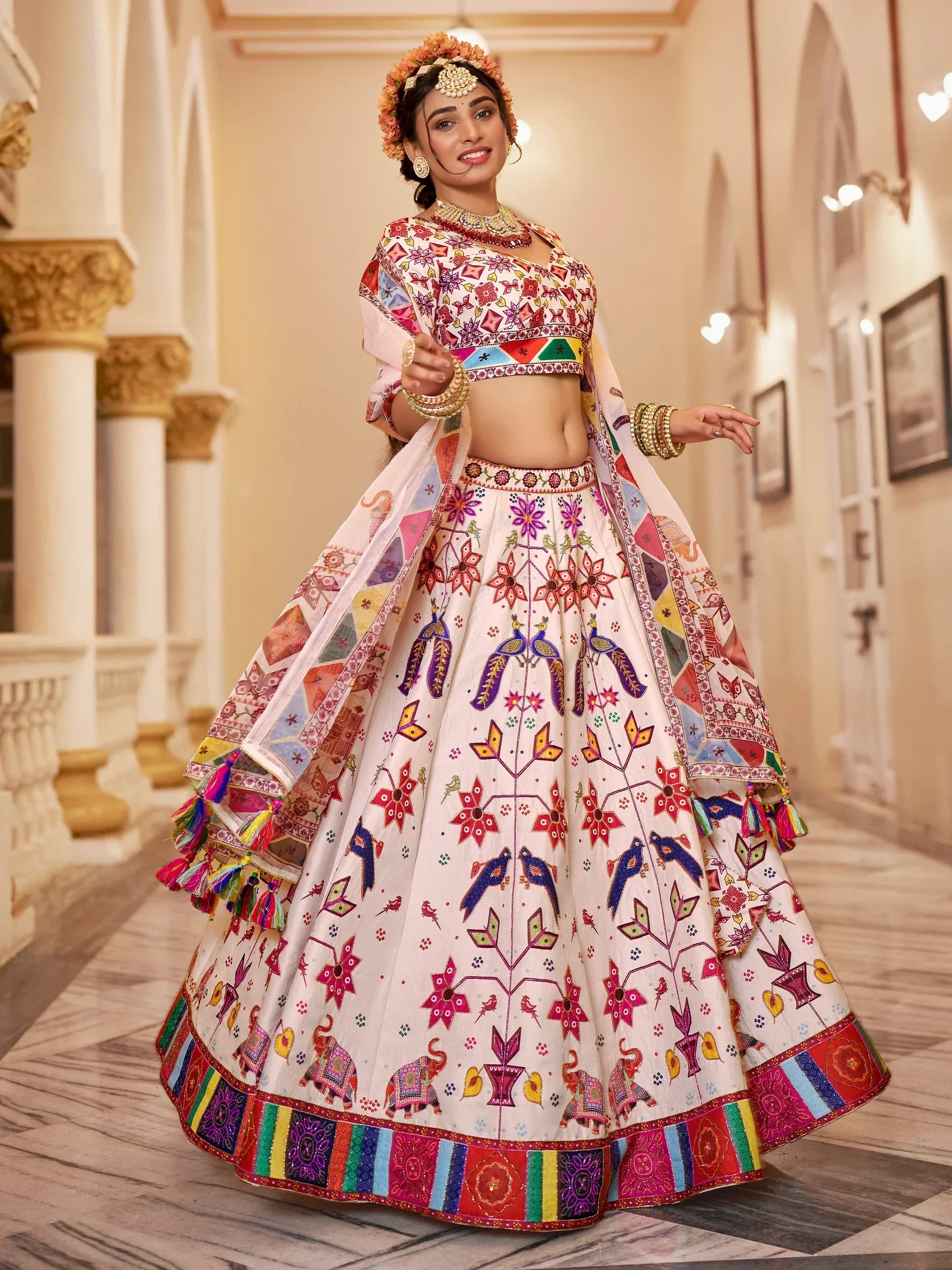 Colorful Indian lehenga choli with floral and peacock embroidery, perfect for festive occasions