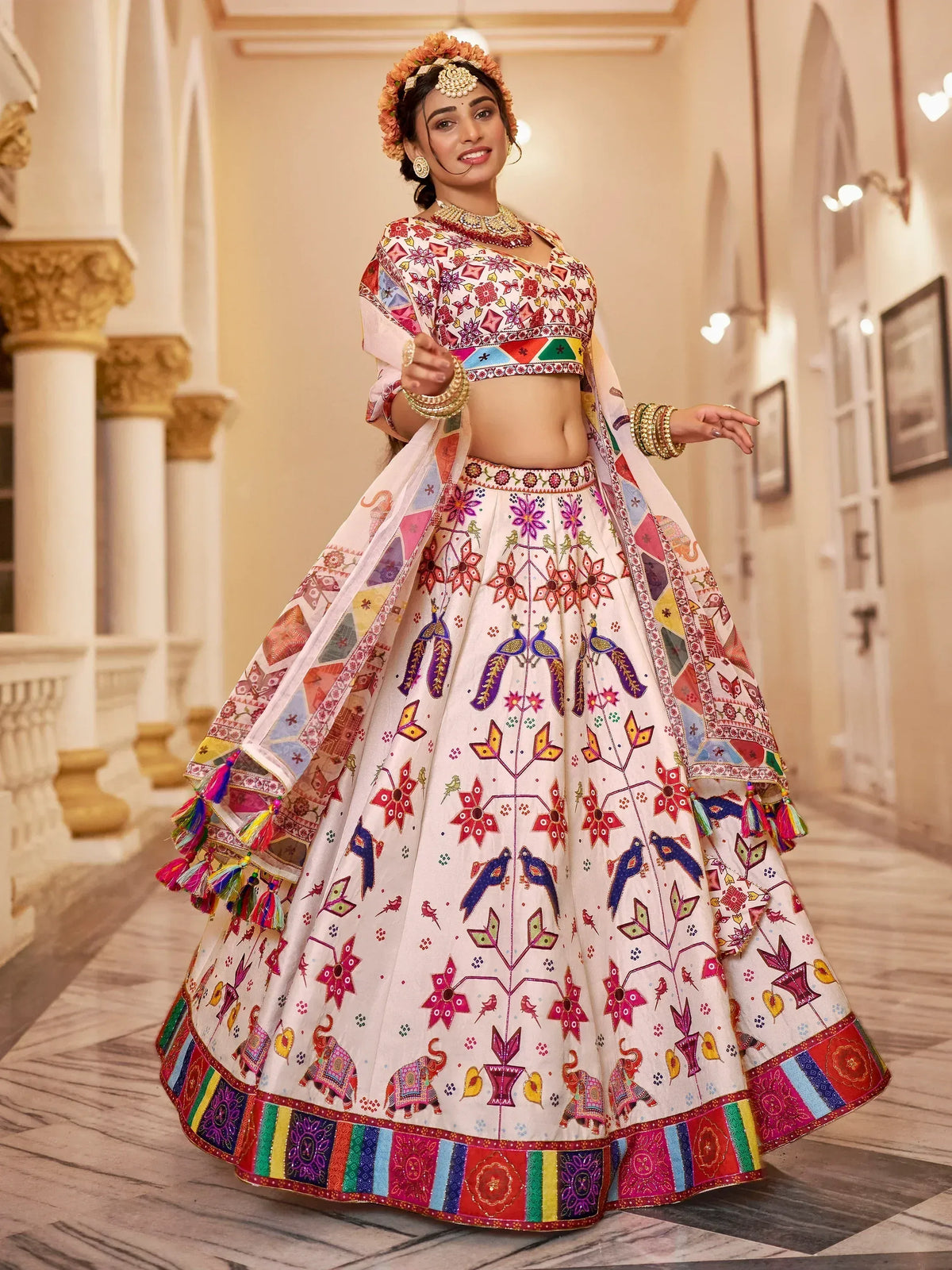 Colorful Indian lehenga choli with floral and peacock embroidery, perfect for festive occasions