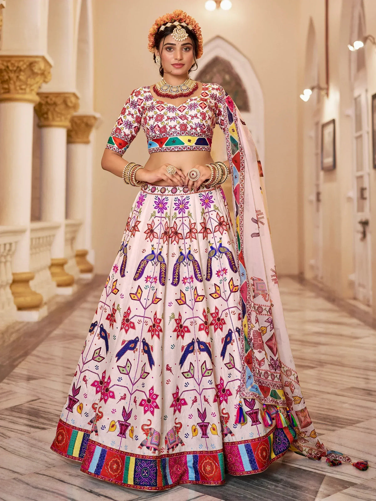 Colorful Indian lehenga choli with floral and peacock print, perfect for weddings and festivals