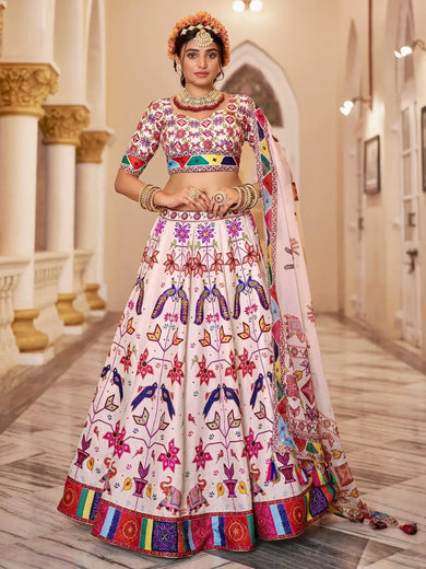 Charming Off - White Printed Art Silk Lehenga Choli With Dupatta - Ethnic Plus In