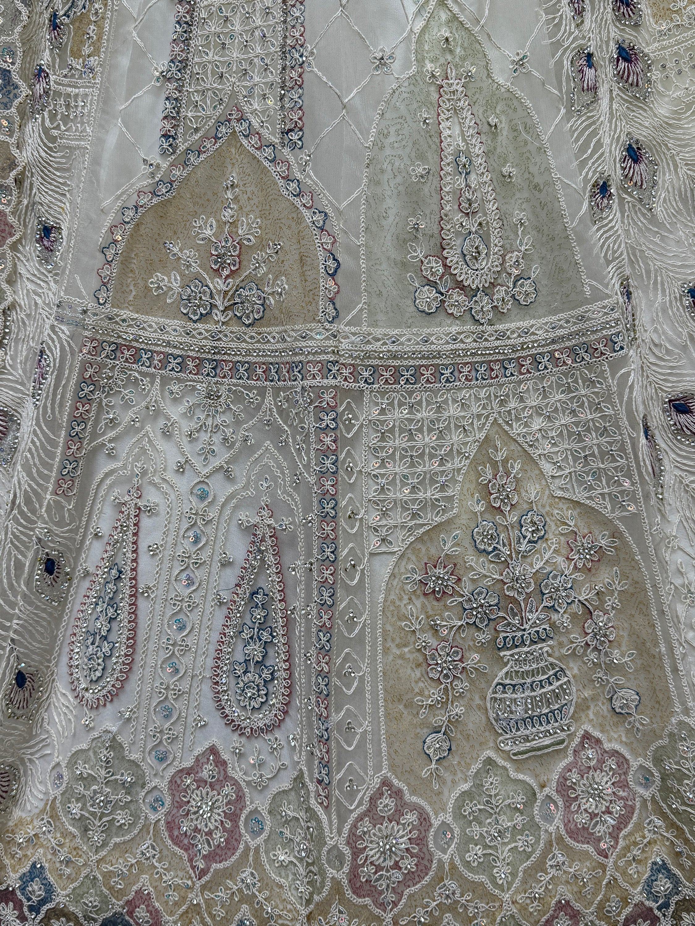 Intricate floral and peacock embroidery on sheer Indian ethnic wear fabric with sequins and threadwork details