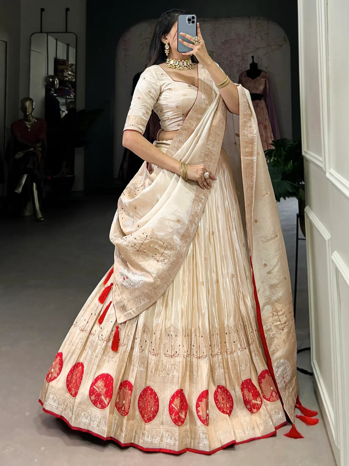 Cream and red embroidered lehenga choli with dupatta, Indian ethnic wear for weddings and festivals